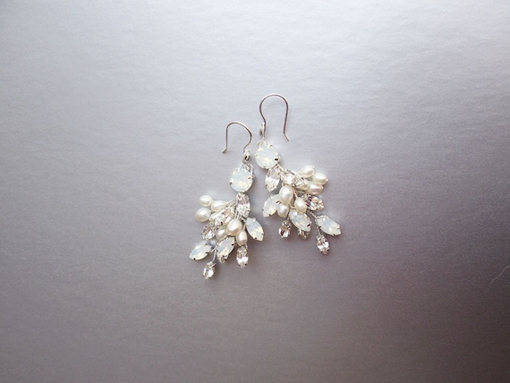 Bridal crystal and pearl earrings, Crystal bridal earrings, Leaf vine earrings, Bridal opal drop earrings in gold or silver