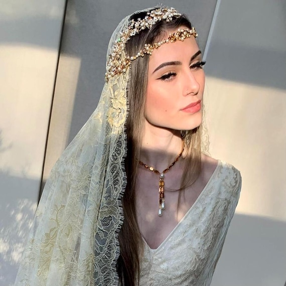 Champagne Mantilla veil, Chantilly lace gold veil adorned with crystal crown, Spanish Mantilla Vintage Style, Topaz Crystals