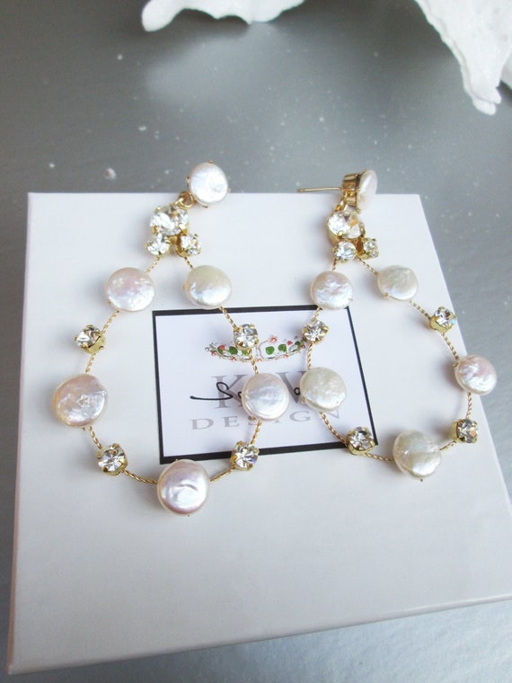 Pearl hoops, Iridescent shimmer freshwater pearl earrings,, Bridal earrings, Large hoop coin high luster pearls earrings