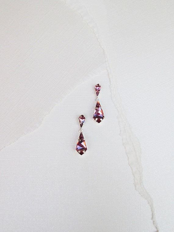 Crystal bridal drop earrings, Pink Bridal dangling earrings, Wedding rhinestone earrings in gold, silver, rose gold, Antique pink