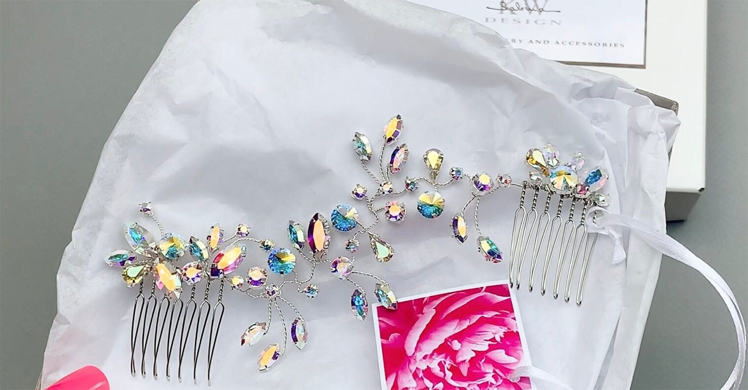 Iridescent Premium European Crystal bridal hair vine, Bridal hair comb, Wedding hair comb in rose gold, gold, silver, AB Iridescent Premium European Crystal bridal hair vine, Bridal hair comb, Wedding hair comb in rose gold, gold, silver, AB