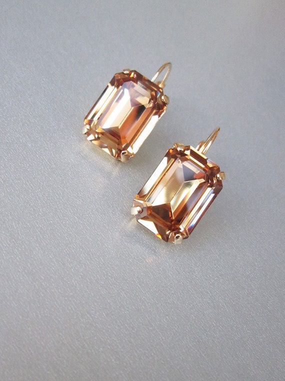 Honey Champagne crystal bridal earrings, Emerald cut drop earrings, Rhinestone earrings, Wedding earrings light topaz