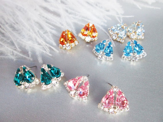 Topaz Dainty Bridal crystal studs, Wedding earrings, Stud rhinestone earrings bridal party, bridesmaids