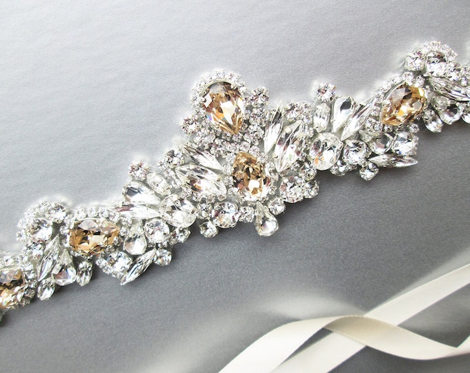 Champagne Swarovski crystal bridal belt, Crystal belt in silver or gold, Wedding belt, Waist sash, Swarovski belt, Rhinestone bridal belt