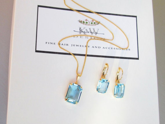 Aquamarine crystal jewelry set, Light blue jewelry earrings necklace set, Bridal Bridesmaids jewelry, Something blue, octagon set