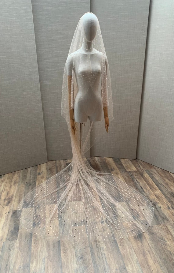 Blush veil, Chapel bridal peach nude veil, Wedding veil with embroidery and pearls soft pink beige, Blush Long sheer veil beaded allover