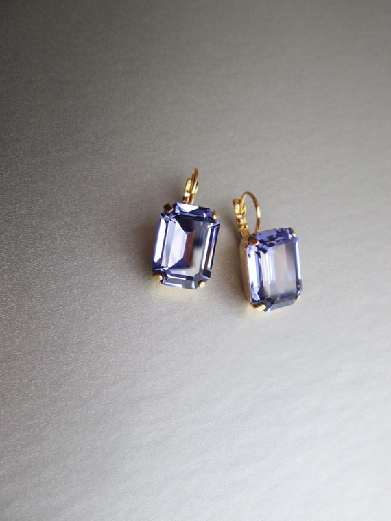 Tanzanite crystal emerald cut bridal earrings, Purple drop earrings, Bridal drop earrings in gold, silver, rose gold