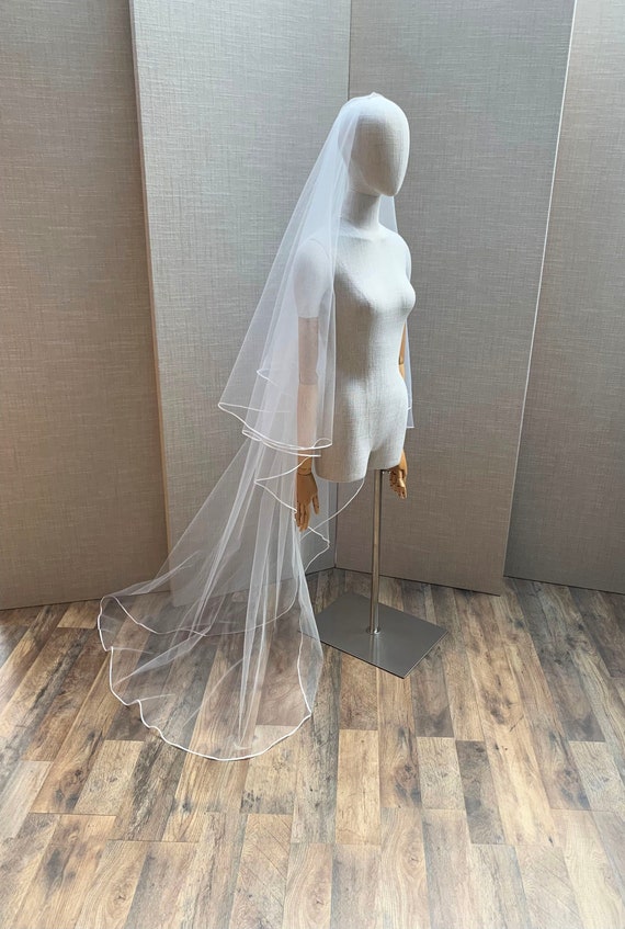 Drop veil with delicate trim, Barely there cascading sheer drop veil with satin trim, Long soft bridal veil with blusher and ribbon edge
