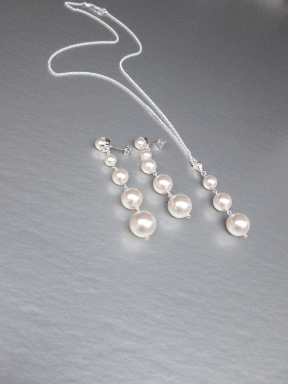 Graduated Pearl drop crystal earrings and pendant jewelry set, Earrings and necklace, Bridal large pearl long earrings