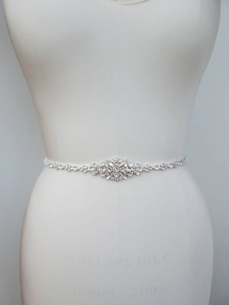 Bridal belt Swarovski crystal skinny bridal belt sash Silver | Etsy