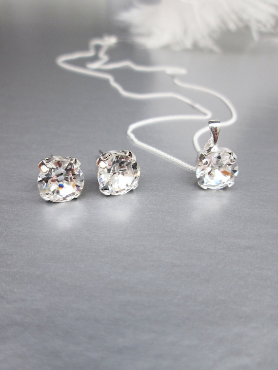 Solitaire Premium European Crystal earrings and necklace set, Bridal Jewelry set, Stud earrings and pendant, bridesmaids gift