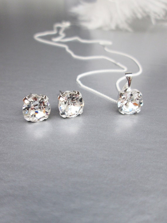 Solitaire Premium European Crystal earrings and necklace set, Bridal Jewelry set, Stud earrings and pendant, bridesmaids gift