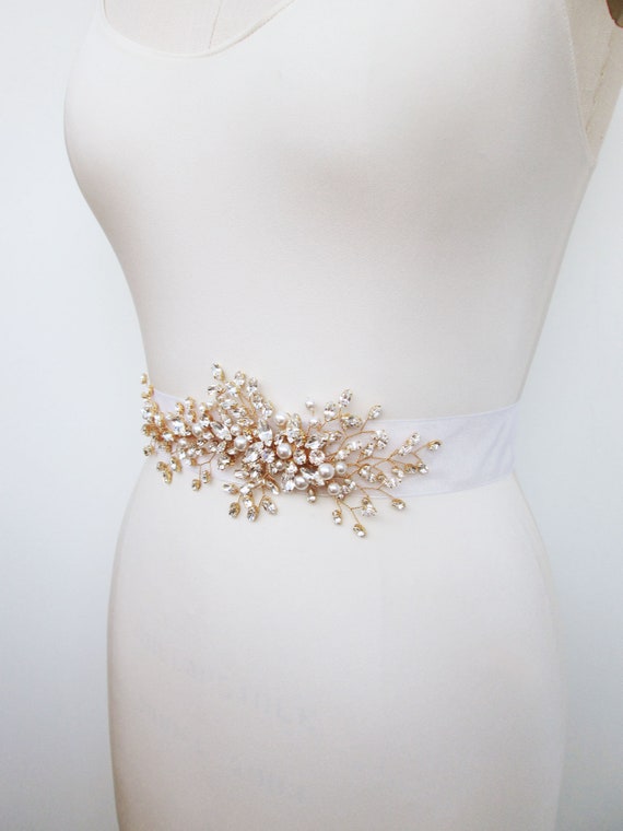 Exquisite bridal belt sash, Crystal and  pearl wedding belt, Organza Premium Quality European Crystal floral belt in gold, silver, rose gold