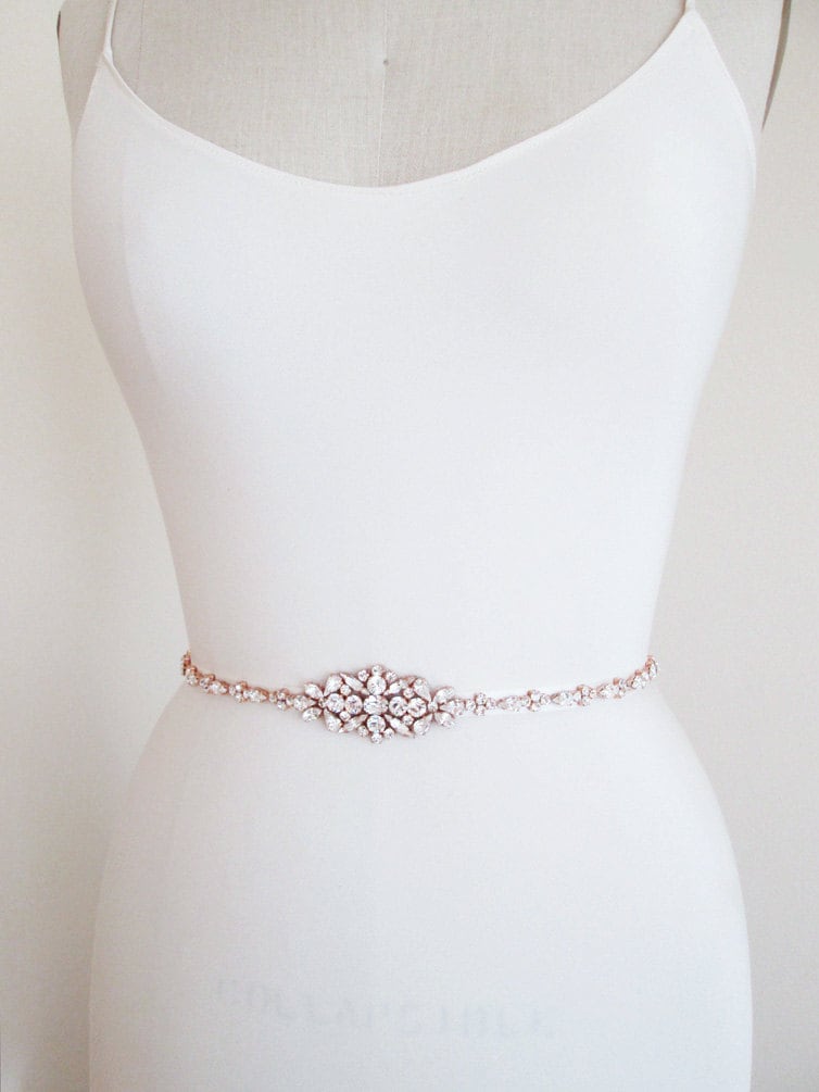 Rose Gold Ridal Belt Swarovski Crystal Skinny Bridal Belt Sash