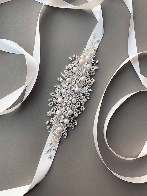 Bridal pearl crystal gold belt, Bridal Premium European Crystal belt sash, Wedding crystal belt, Crystal and pearl bridal floral belt