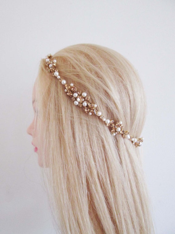 SALE - 50% OFF -  Topaz Champagne Bridal halo headpiece, Bridal headband halo with crystal and pearl