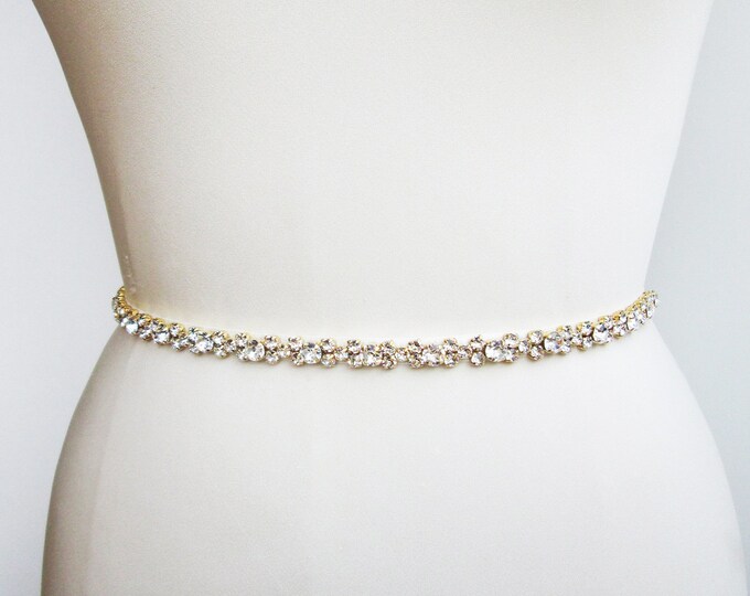 Gold skinny belt, Narrow bridal belt sash, Thin crystal sash Crystal wedding belt full length, Premium Quality European Crystal bridal belt