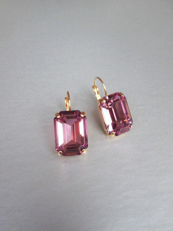 Light Amethyst crystal bridal earrings, Emerald cut drop earrings, Rhinestone earrings, Wedding earrings pink purple