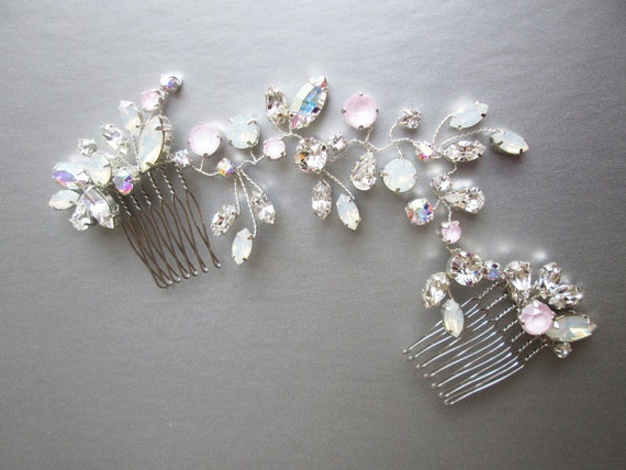 Iridescent crystal bridal hair vine, Bridal hair comb, Wedding hair comb in rose gold, gold, silver, Opal, pink, AB