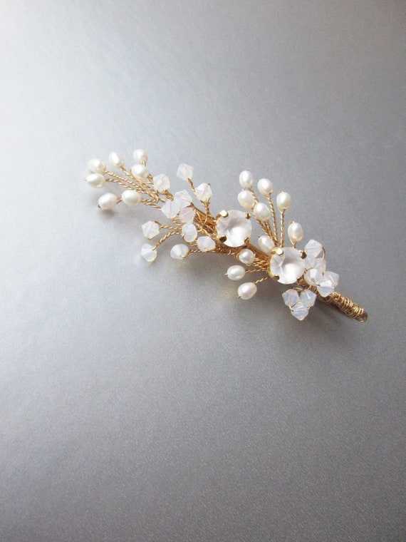 Opal Bridal hair pin, Crystal bobby pin, Wedding crystal bobby pin, Leaf branch freshwater pearl bobby pin hair clip, gold, silver