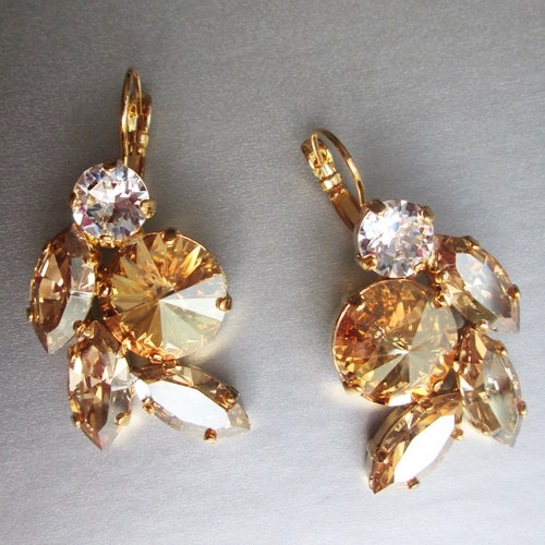 Champagne bridal crystal earrings, shops Crystal bridal earrings, Honey earrings, Bridal rhinestone earrings in gold or silver