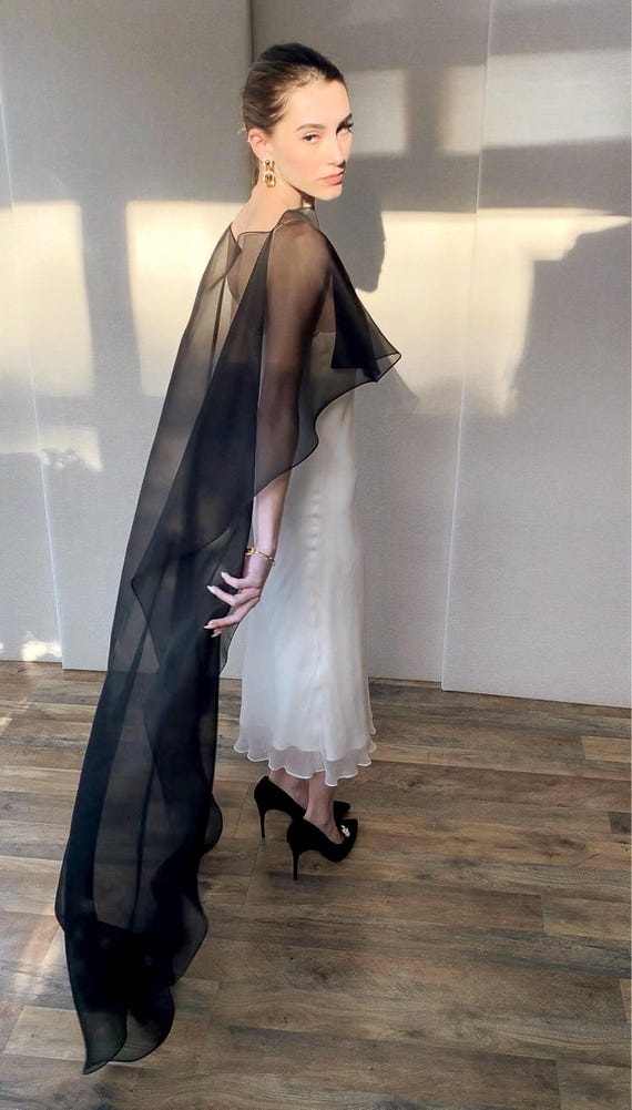 Silk Organza Cape, Black cape shawl, Waterfall Wedding Shoulder Cover, Special occasion bridal topper