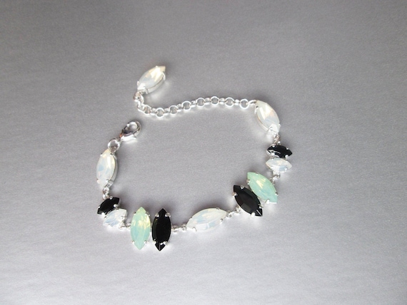 Crystal opal and black bracelet, White opal crystal bracelet, Summer bracelet, Black green bracelet, Bridesmaids