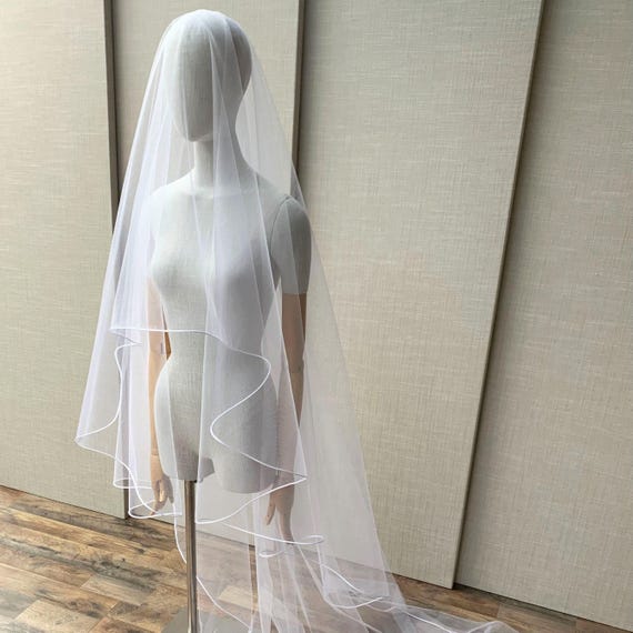 Drop veil with satin trim, Barely there cascading sheer drop veil with silky satin trim, Long bridal veil with blusher and ribbon edge