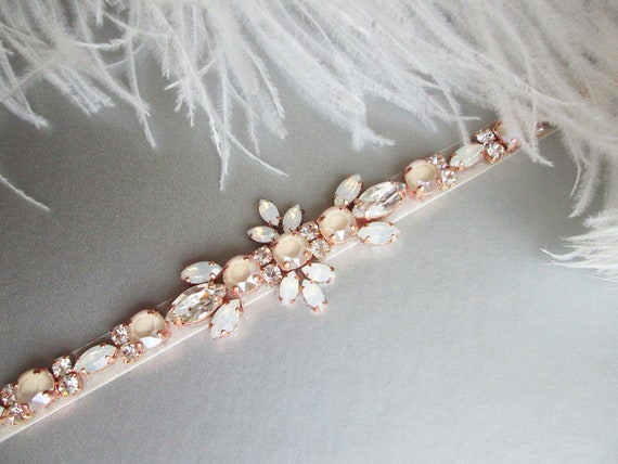 Rose gold Pastel Champagne and white opal Bridal sash, Crystal ivory cream, Wedding belt, Premium European Crystal bridal belt, Rhinestone