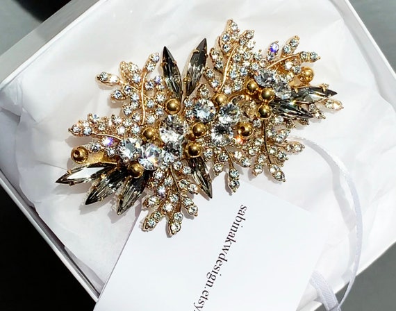 Hair clip, Crystal hair clip, Wedding crystal pin, Floral rhinestone alligator hair clip in gold, Black diamond, Special occasion clip