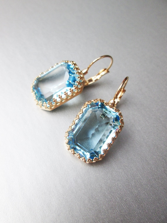 Transparent Blue Aquamarine crystal bridal earrings, Emerald cut drop earrings, Wedding earrings, Bridesmaids earrings