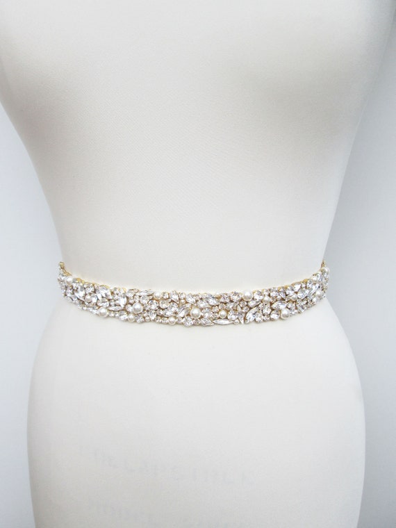 Bridal belt, Bridal belt, Crystal and pearl sash, Beaded rhinestone and pearl crystal waist sash, One inch belt in gold, silver, rose gold