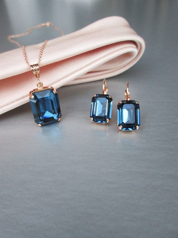 Sapphire blue jewelry set, Montana sapphire crystal earrings and necklace, Navy blue jewelry, Denim blue emerald cut jewelry set