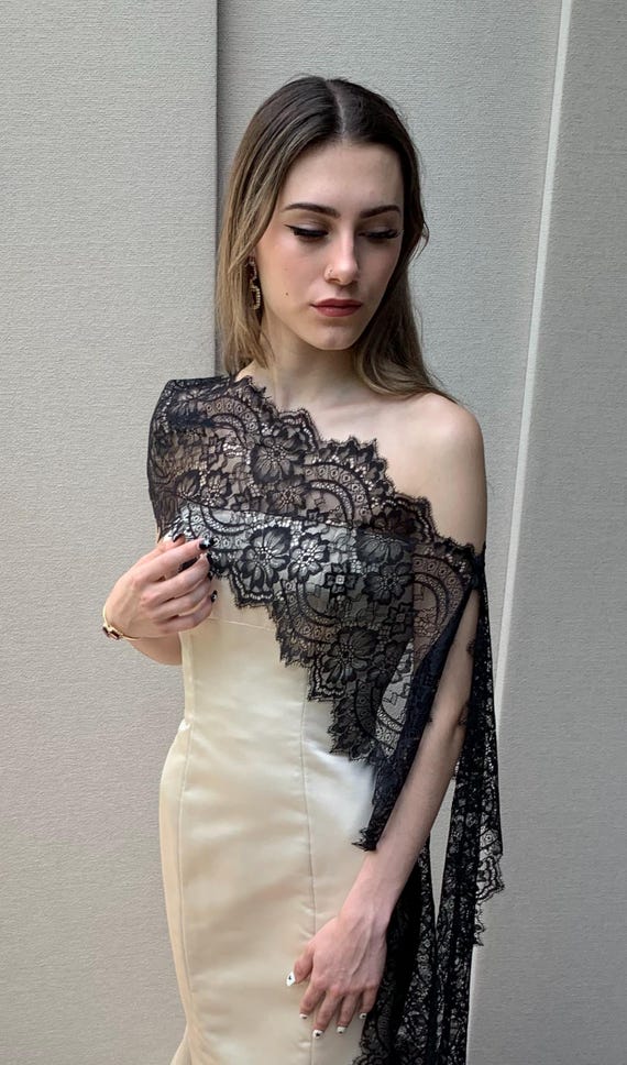 Lace Black Shawl, Bridal Special Occassion Wrap, Non-Slip Wedding Scarf With Button Closure, Off white or black