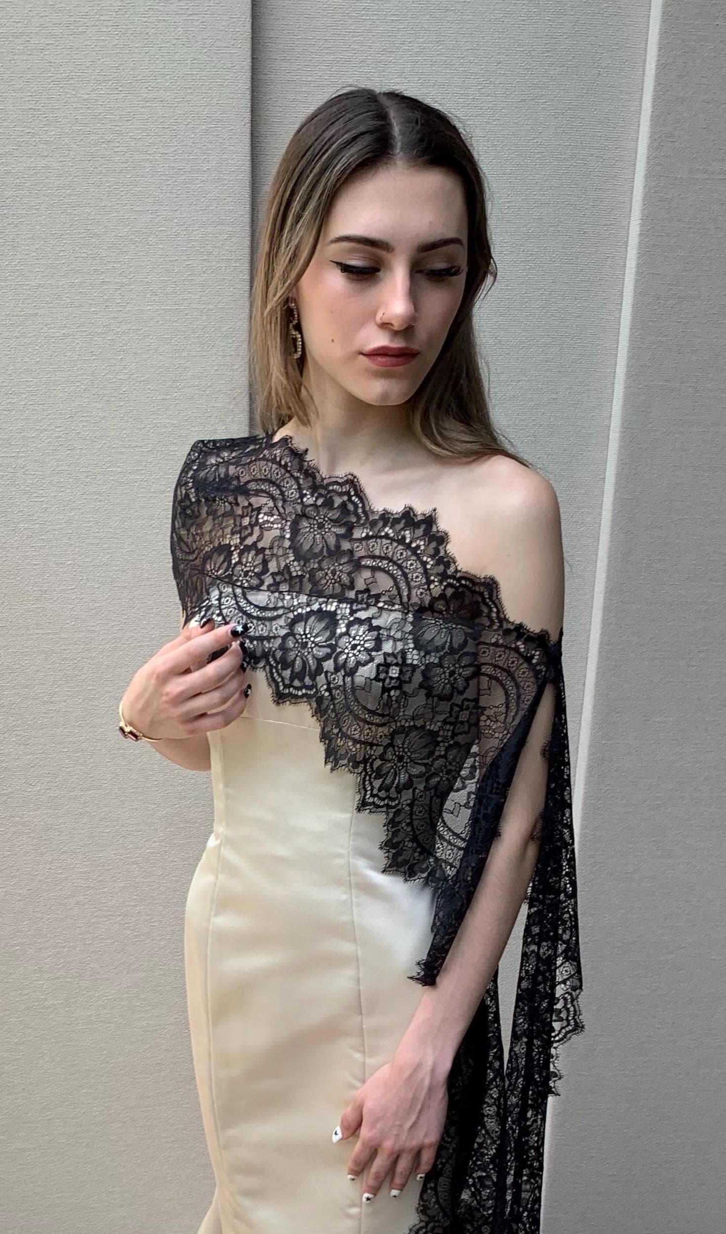 Lace Black Shawl, Bridal Special Occassion Wrap, Non-Slip Wedding Scarf With Button Closure, Off white or black
