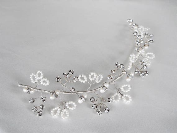 Bridal crystal hair vine,  crystal and pearl hair vine, Hair vine headband, Crystal vine headband in gold or silver