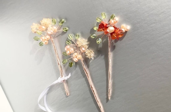 Tiny blossoming gemstone branches hair pins, Bridal gold hair pins, Gemstone pins, Pearl and gem hair pins, Wedding hair pins, set of 3