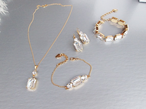Crystal jewelry, Emerald cut bridal earrings, pendant necklace, bracelet, Rhinestone earrings gold, rose gold, silver, Wedding jewelry set