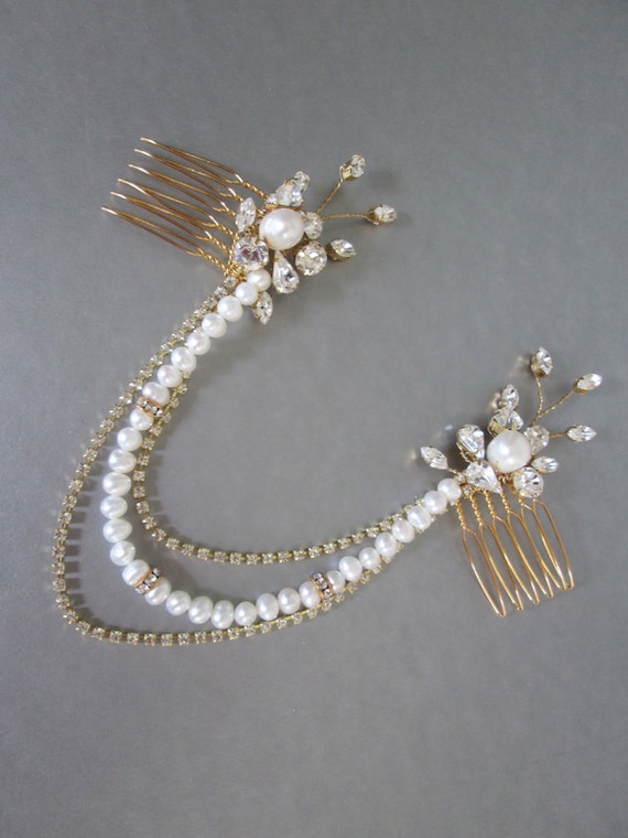 Swag bridal headpiece, Bridal comb, crystal and pearl bridal combs with swags, Bridal chain headpiece, Bridal chain hair piece
