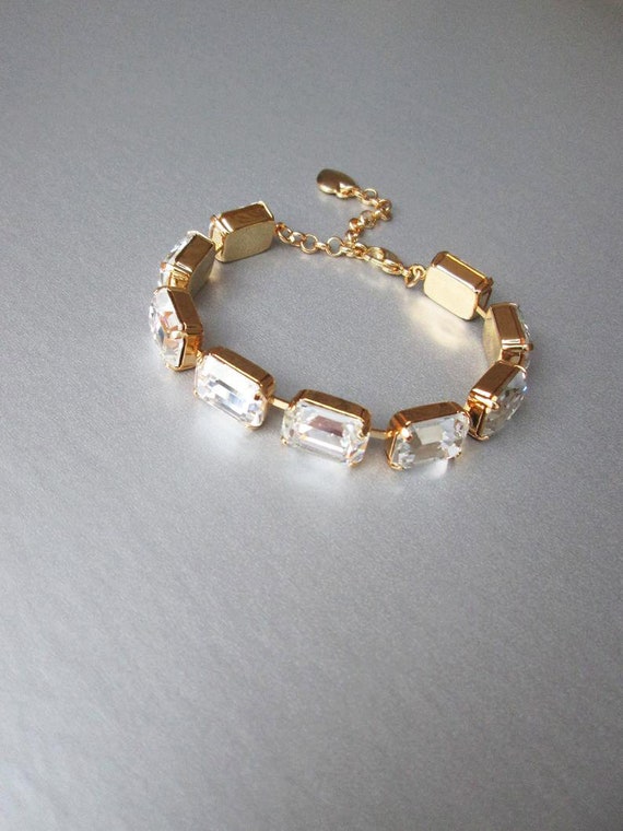 Crystal bridal bracelet, Gold bracelet, Wedding rhinestone bracelet in gold, silver, rose gold, Emerald cut crystal bracelet