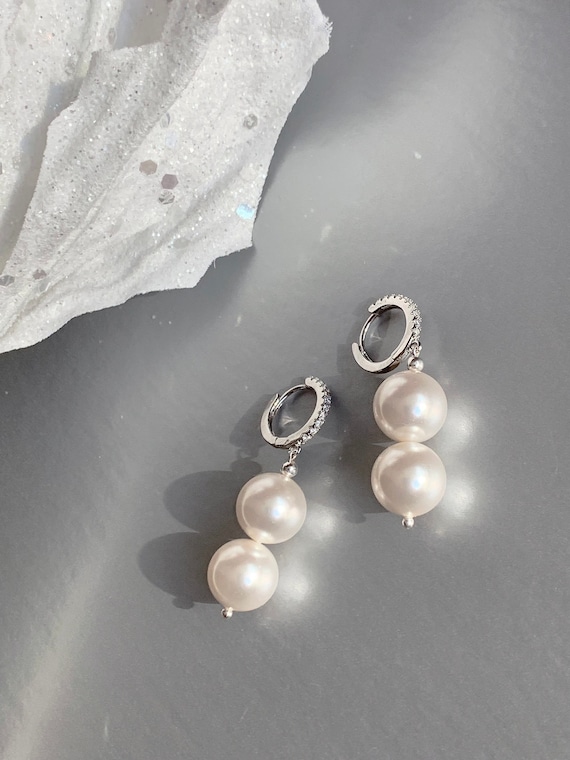 Double Pearl drop crystal earrings, Premium European Crystal bridal earrings,  Bridal pearl dangles earrings in gold, silver