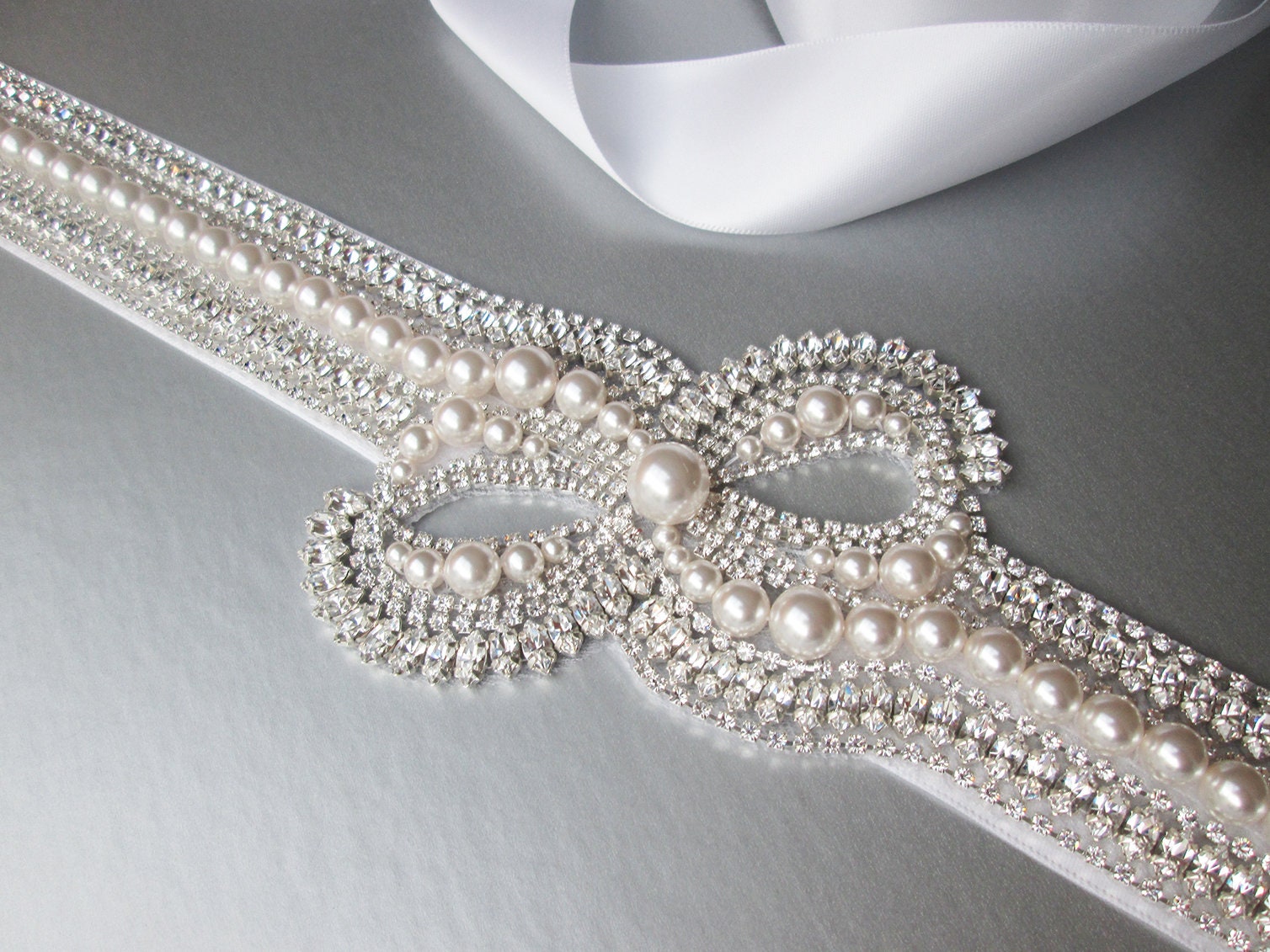 Sweetest Ending Silver Rhinestone and Pearl Bridal Belt