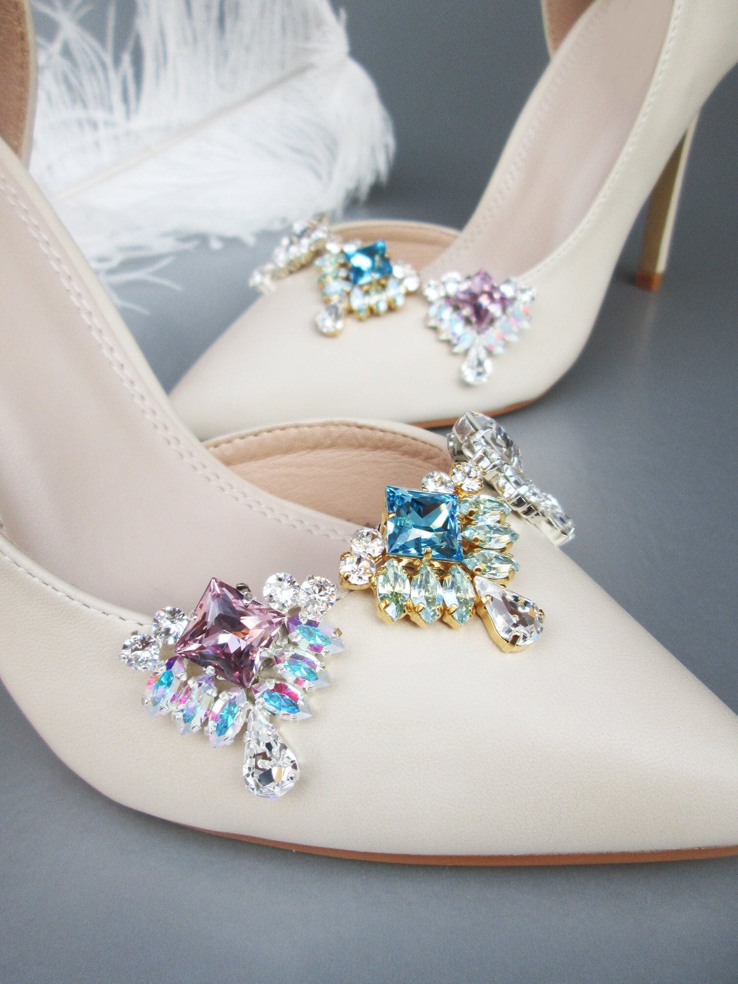  Gold Color Shoe Clips with Rhinestones and White