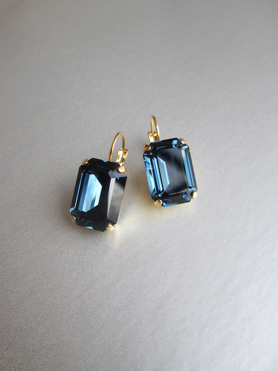 Navy blue crystal emerald cut earrings, Montana drop earrings, Bridesmaids drop earrings in gold, silver, rose gold