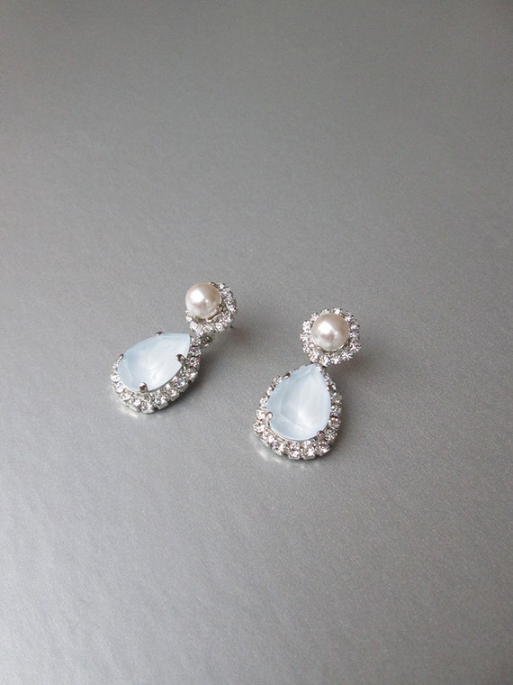 Something blue Bridal Premium European Crystal earrings, Dusty blue teardrop dangling earrings, Powder blue crystal pearl wedding earrings