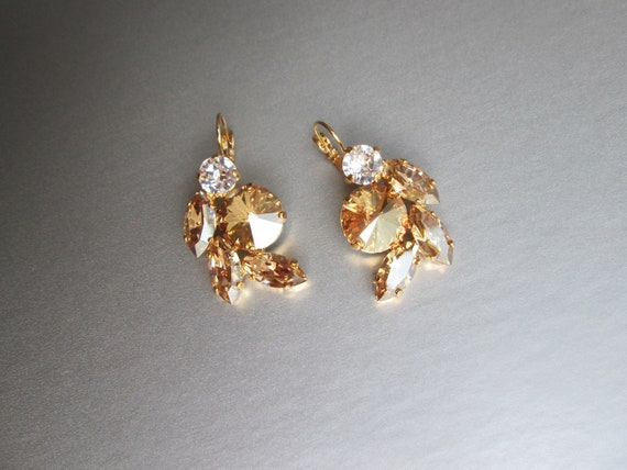 Champagne bridal crystal earrings, Crystal bridal earrings, Honey earrings, Bridal rhinestone earrings in gold or silver