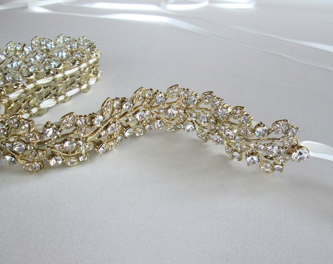 Bridal belt, Crystal bridal belt sash, Bridal belt with floating crystals, Sparkly bridal crystal belt, Gold 1 inch crystal belt