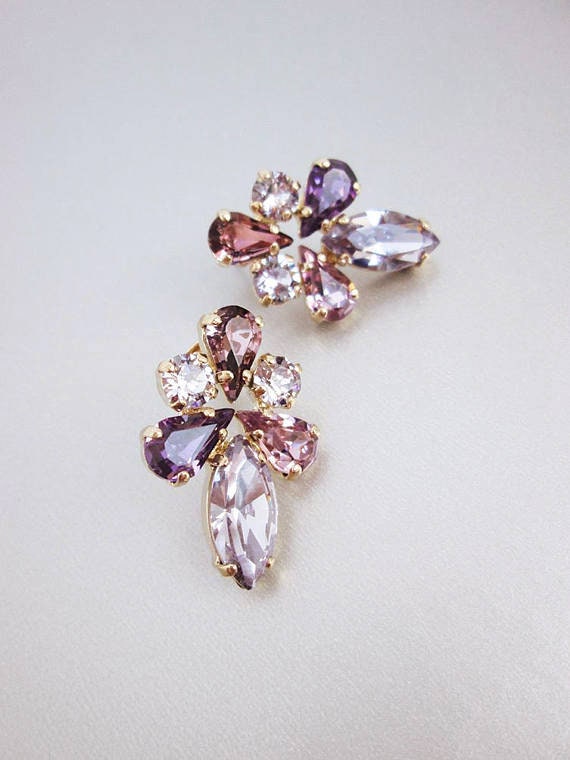 Lavender lilac Bridal crystal earrings, Crystal bridal stud earrings, Rhinestone studs in lavender, purple