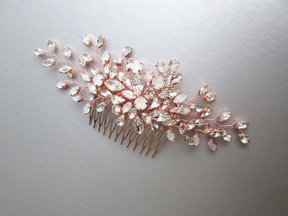 Rose gold Opal Crystal hair comb, Bridal crystal hair comb, Rhinestone bridal comb, Opal Wedding hair comb, Leaf vine floral comb