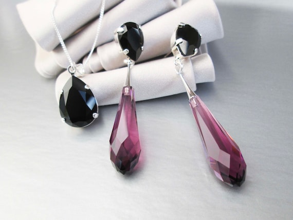 Amethyst and onyx black crystal jewelry set, Event crystal earrings necklace set, Purple plum Special Occasion jewelry set in silver finish